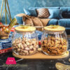 Glass Storage Jar With Wooden Lid &Amp; Tray Set Of 2 Pcs Jar And 1-Pc Tray
