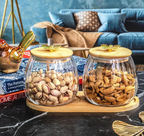 Glass Storage Jar With Wooden Lid &Amp; Tray Set Of 2 Pcs Jar And 1-Pc Tray