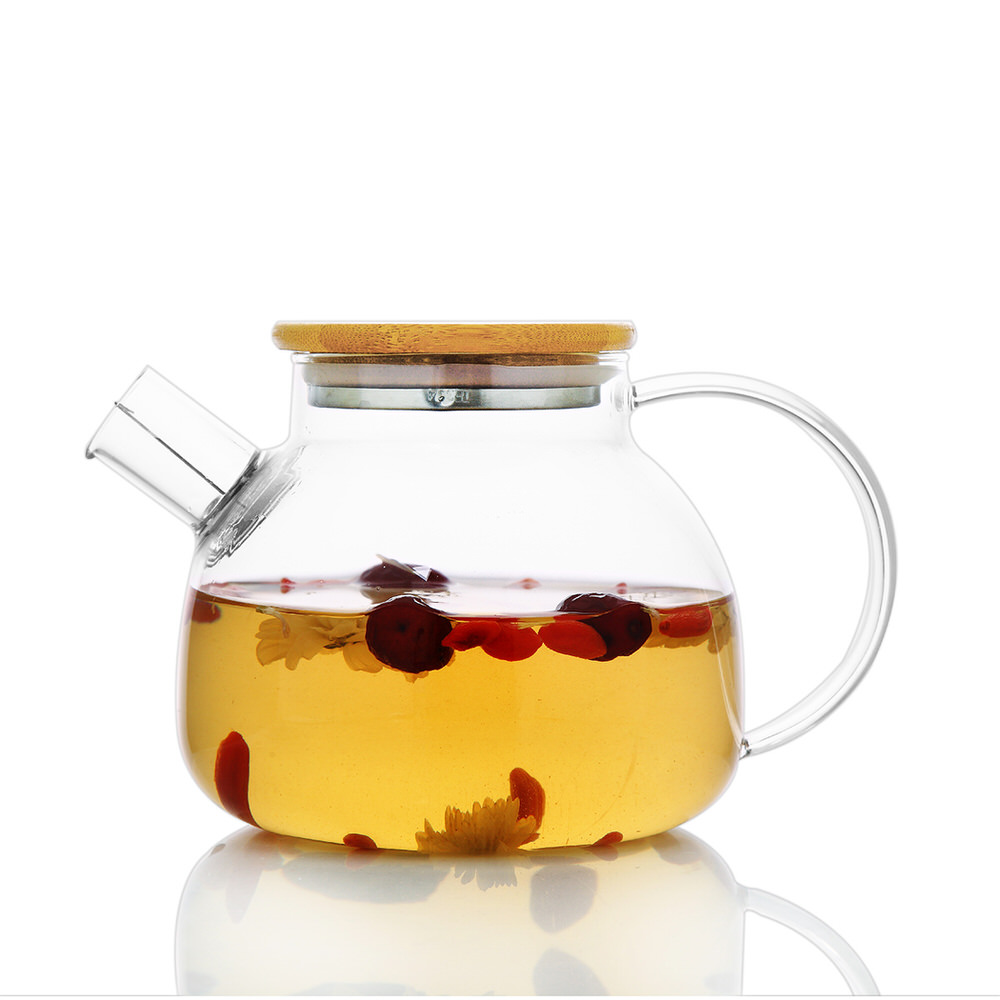 Glass Tea Pot High Borosilicate Glass 1050Ml Bamboo Lid