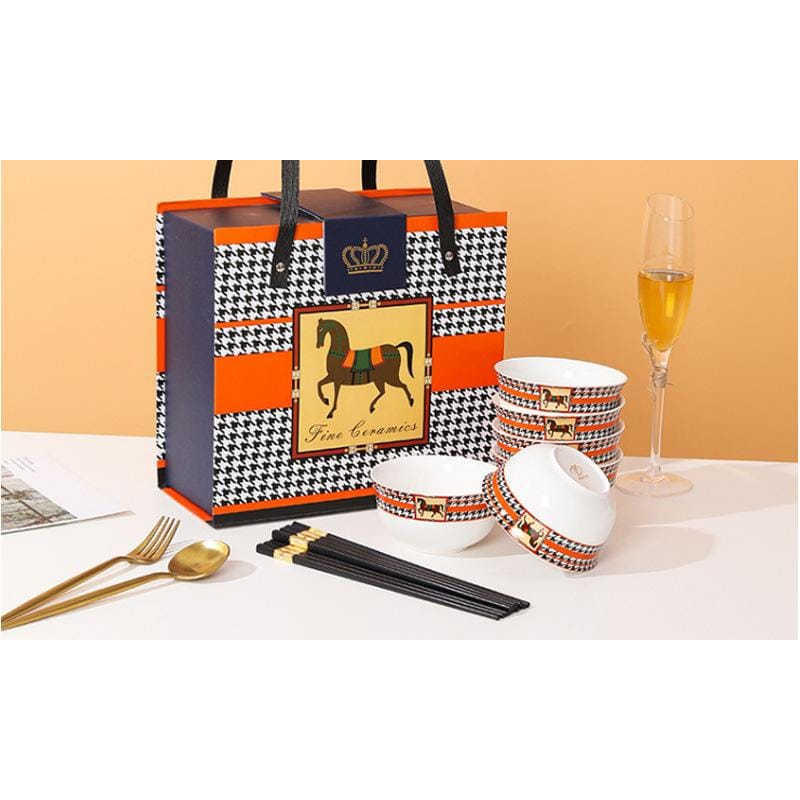Horse Motif Luxurious Ceramic Bowl With Chopsticks Gift Box
