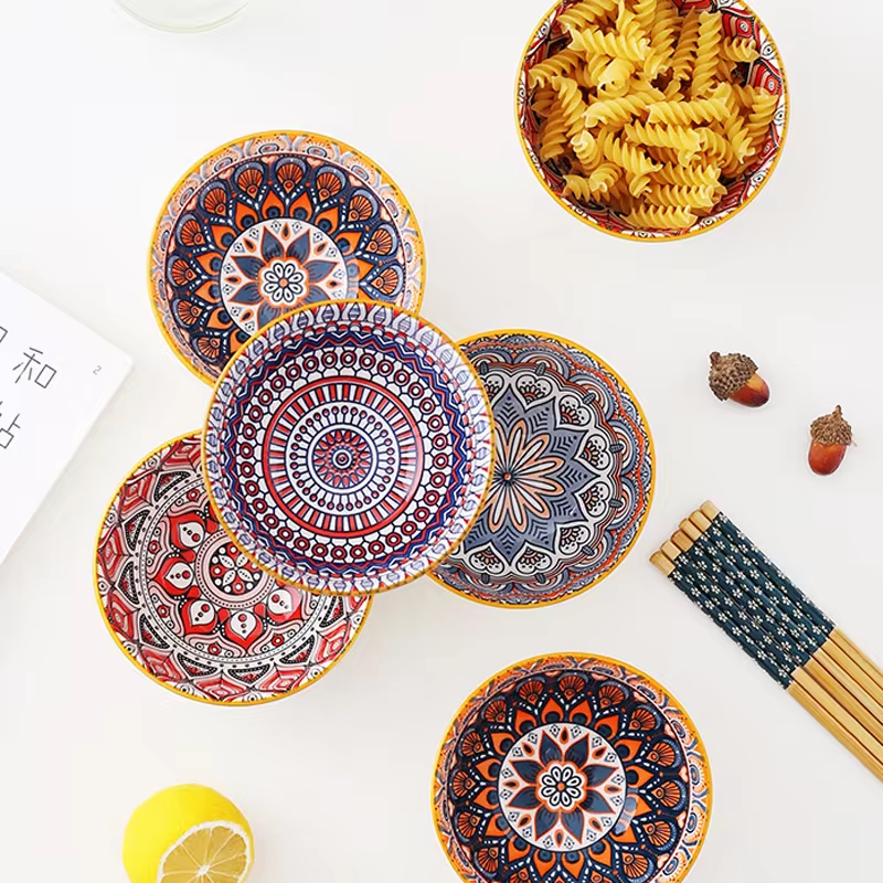 Japanese Style Korean 4.5 Inch Bohemia Print 6-Ceramic Bowl Set For Rice Soup Ramen