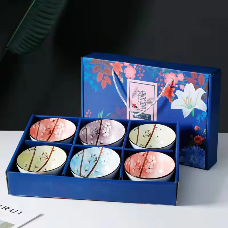 Japanese Style Korean 4.5 Inch Flower 6-Ceramic Bowl Set For Rice Soup Ramen
