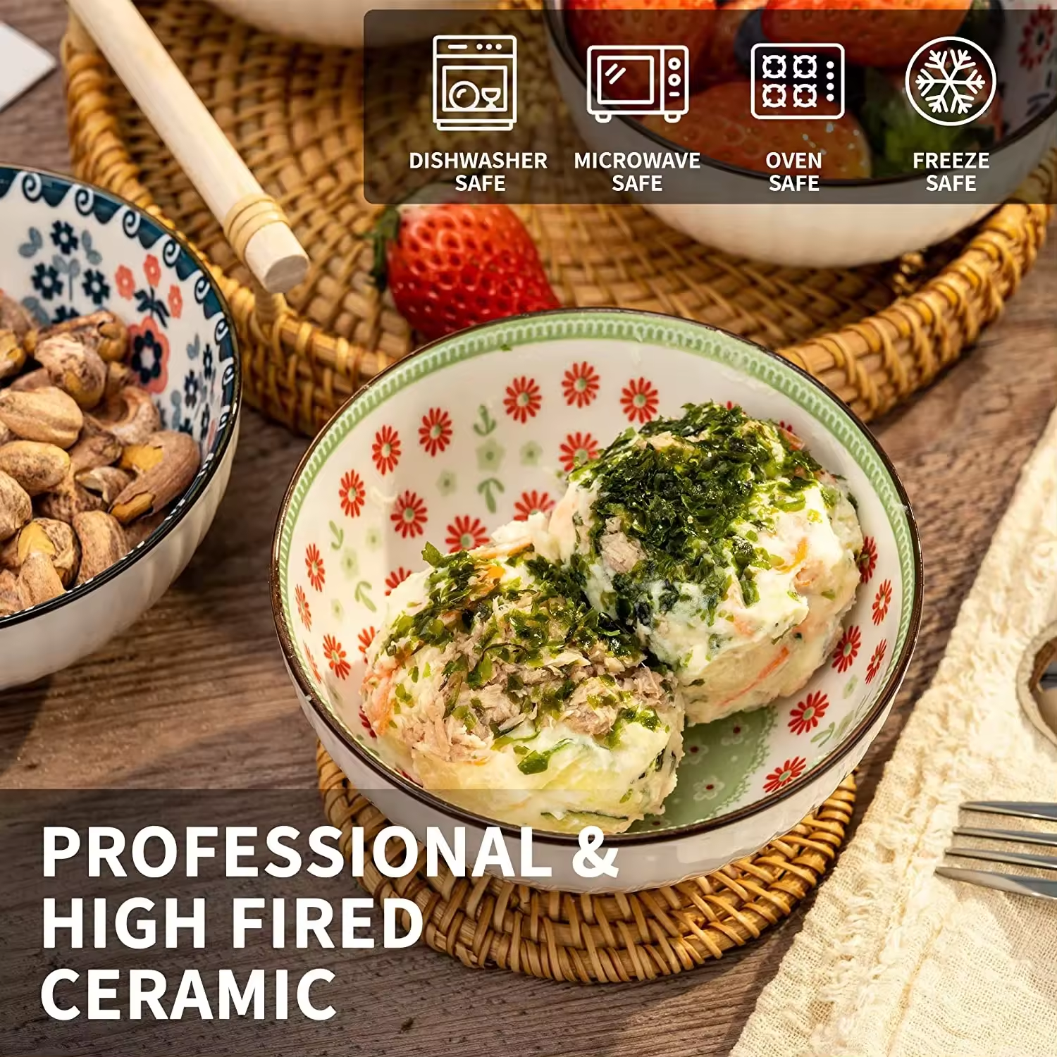 Japanese Style Korean 4.5 Inch Flower 6-Ceramic Bowl Set For Rice Soup Ramen