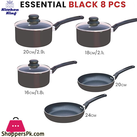 Kitchen King 8 Pieces Essentials Pots And Pans Cookware Set With Lids Non Stick Frying Pans Pfoa Free (Black)