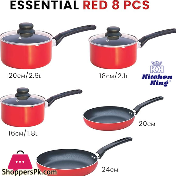 Kitchen King 8 Pieces Essentials Pots And Pans Cookware Set With Lids Non Stick Frying Pans Pfoa Free (Red)