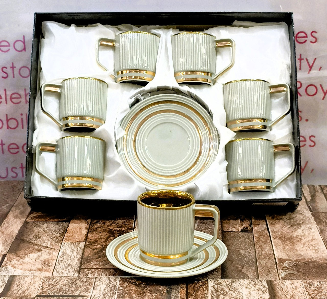 Line Pattern With Golden Finish Ceramic Tea Cup &Amp; Saucer Set