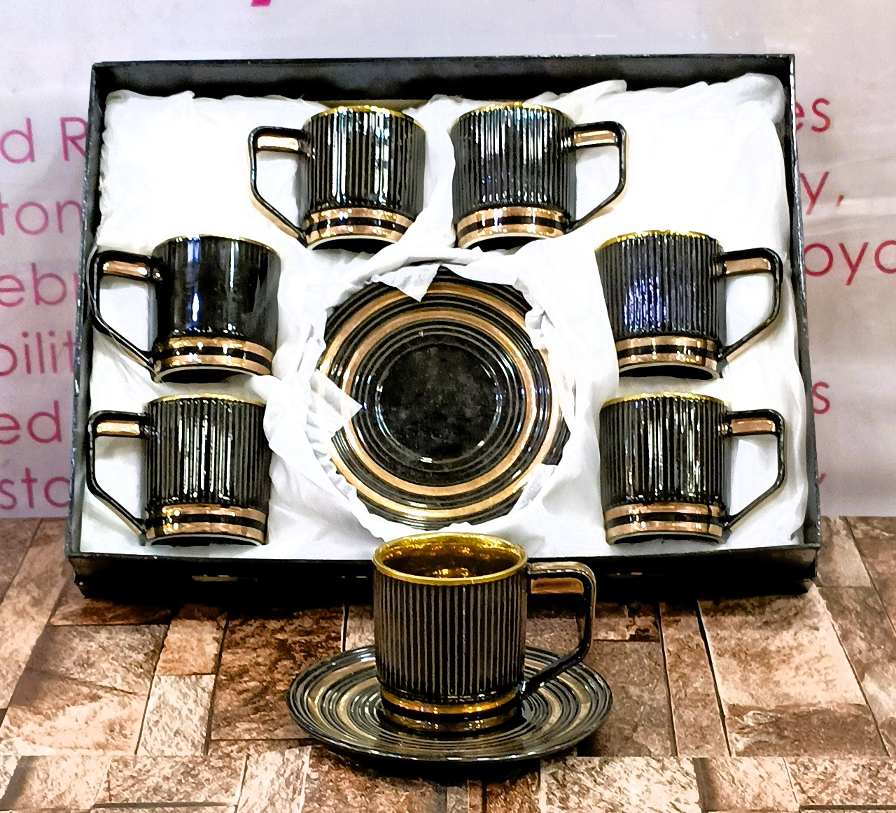 Line Pattern With Golden Finish Ceramic Tea Cup &Amp; Saucer Set