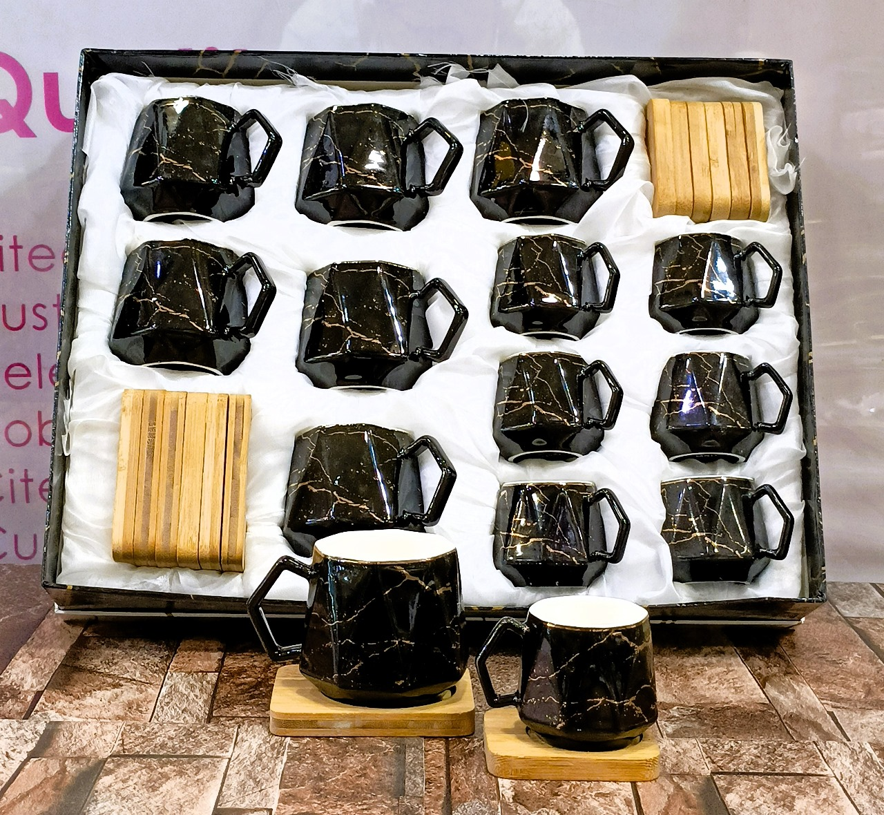 Nordic Style Marbal Design Coffee Cup With Bamboo Saucer Set Of 24