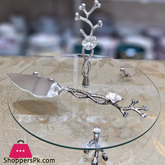 Orchid 1-Tier Glass Cake Plate &Amp; Cake Slice Lifter 2Pcs Set Silver Cd6878