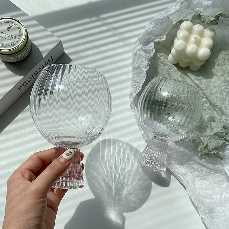 Round Drum Stripe Wine Glass Transparent Cocktail Glass Goblet Glass Set Of 6