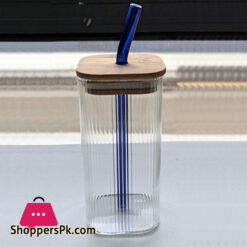 Round &Amp; Square Ribbed Juice Glass With Straw Lid 420Ml