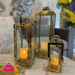 Shiny Rose-Gold Rectangular Design Candle Lamp Holders-3Pcs Set Sxg-005