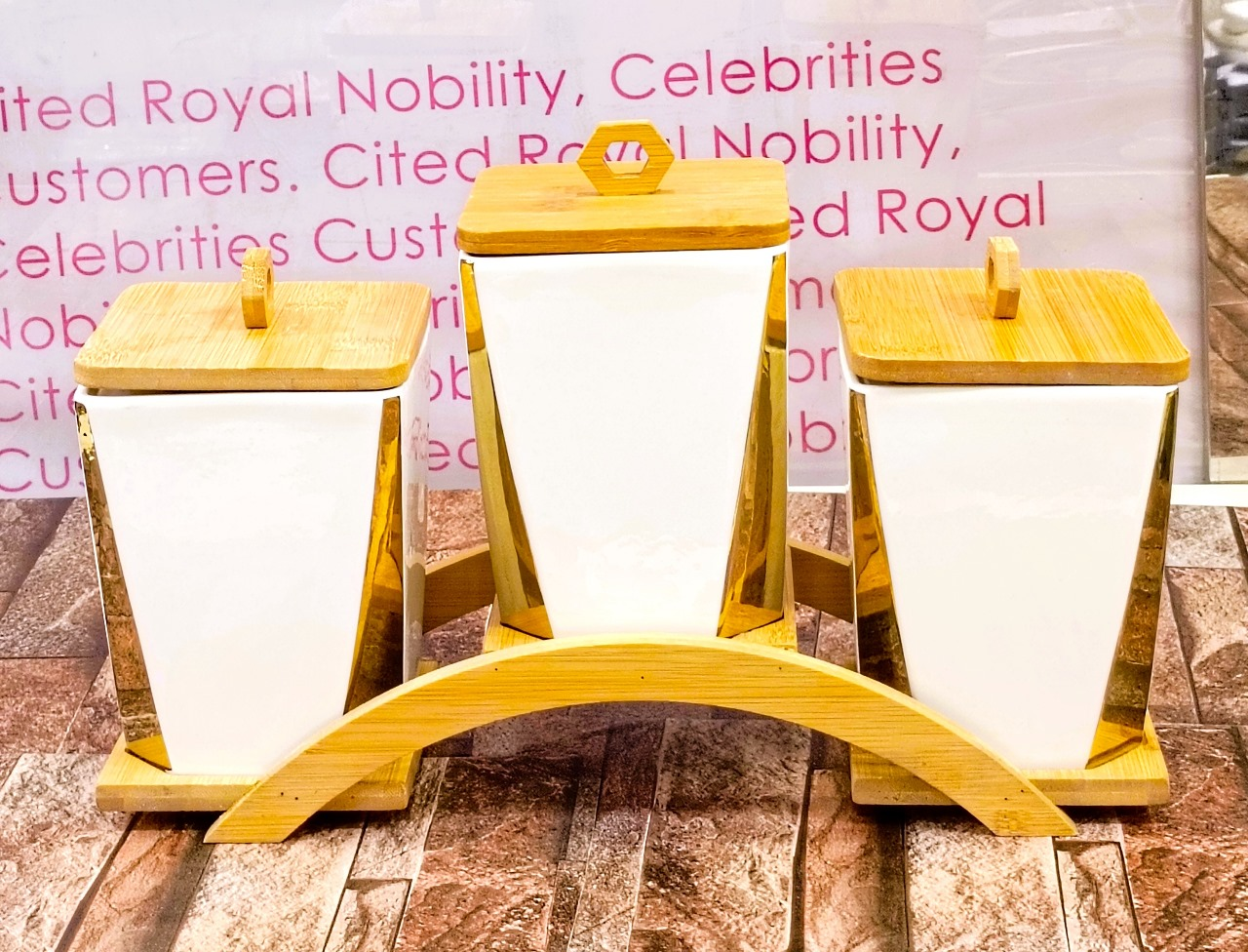 Solecasa 3 Pcs Ceramic Canister Set With Bamboo Stand