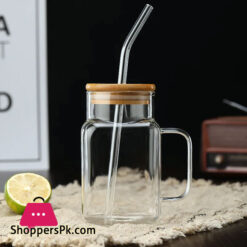 Square Glass Mug With Lid Straw Breakfast Milk Cup Microwave Safe Party Coffee Mug Beverage Container Glass 550Ml