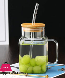Square Glass Mug with Lid Straw Breakfast Milk Cup Microwave Safe Party Coffee Mug Beverage Container Glass 550ml