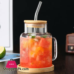 Square Glass Mug With Lid Straw Breakfast Milk Cup Microwave Safe Party Coffee Mug Beverage Container Glass 550Ml