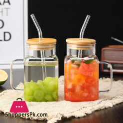 Square Glass Mug With Lid Straw Breakfast Milk Cup Microwave Safe Party Coffee Mug Beverage Container Glass 550Ml
