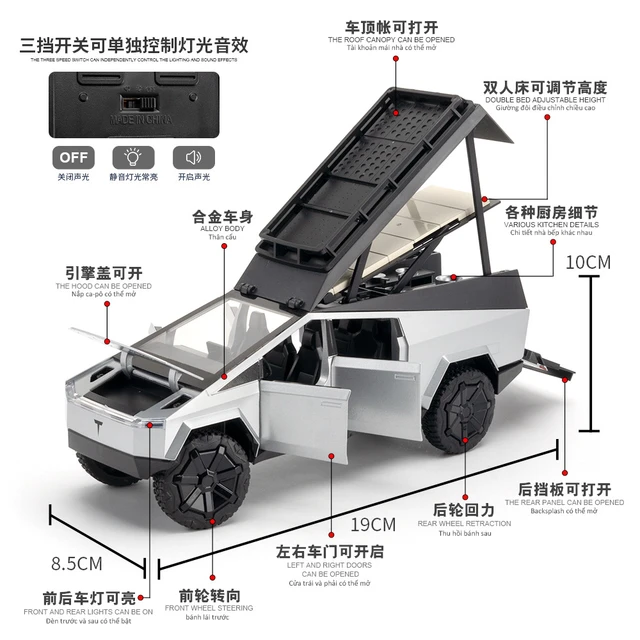 1:24 Scale Tesla Cybertruck Camping Rv Alloy Diecast Toy Model With Sound Light And Spring