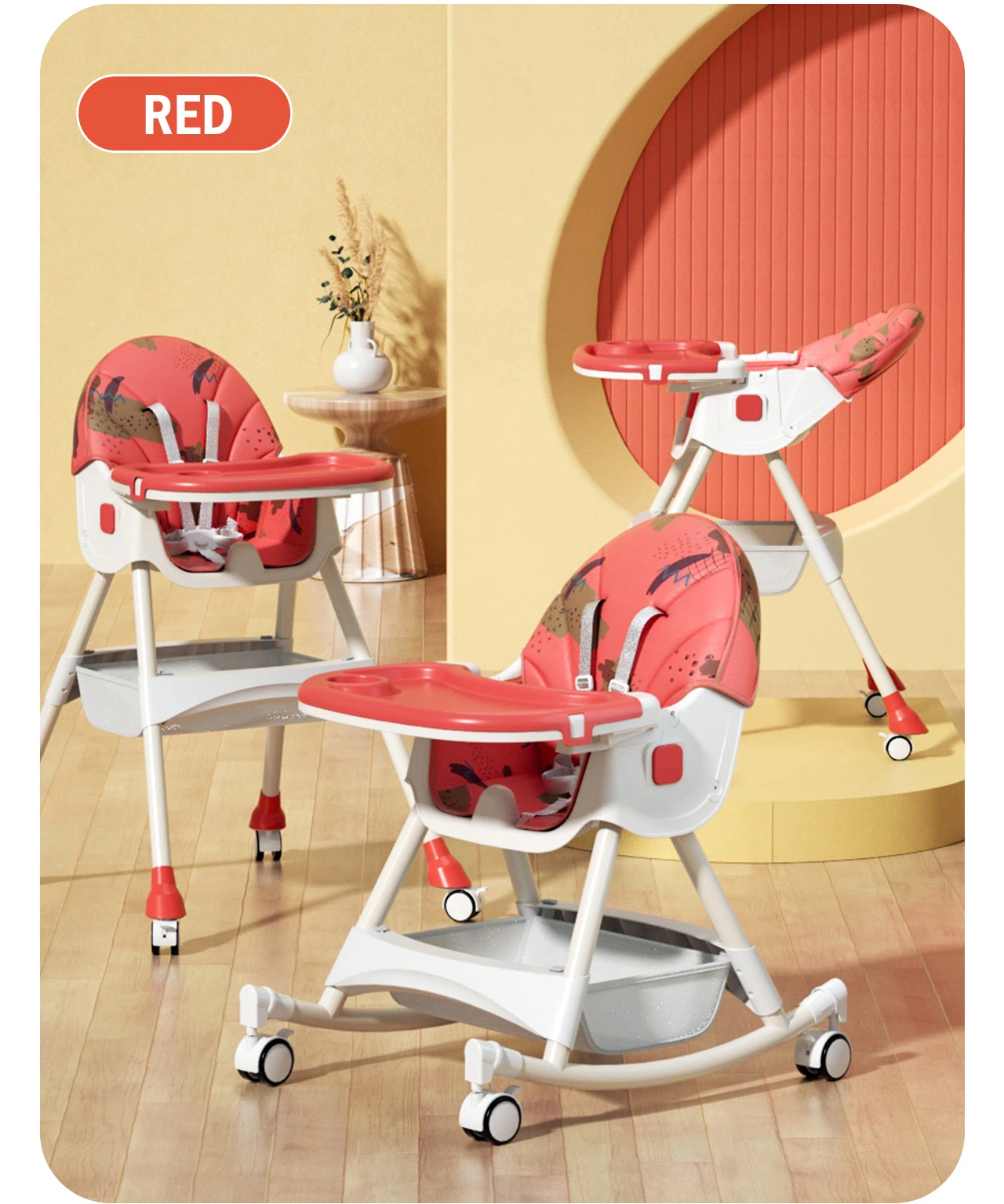 3 In 1 Folding Baby Highchair Kids Chair Dinning High Feeding Seat Adjustable Baby Infant High Chair Rocking