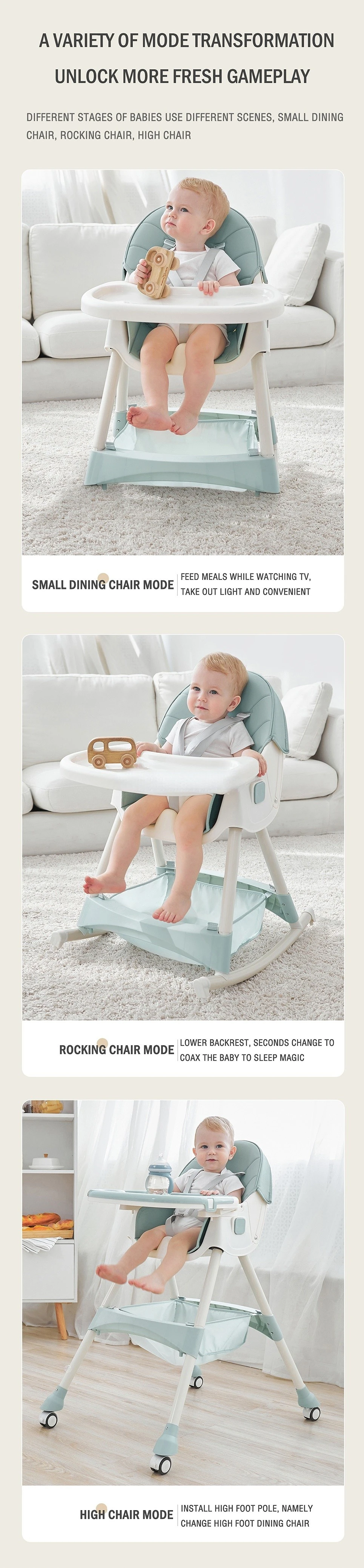 3 In 1 Folding Baby Highchair Kids Chair Dinning High Feeding Seat Adjustable Baby Infant High Chair Rocking
