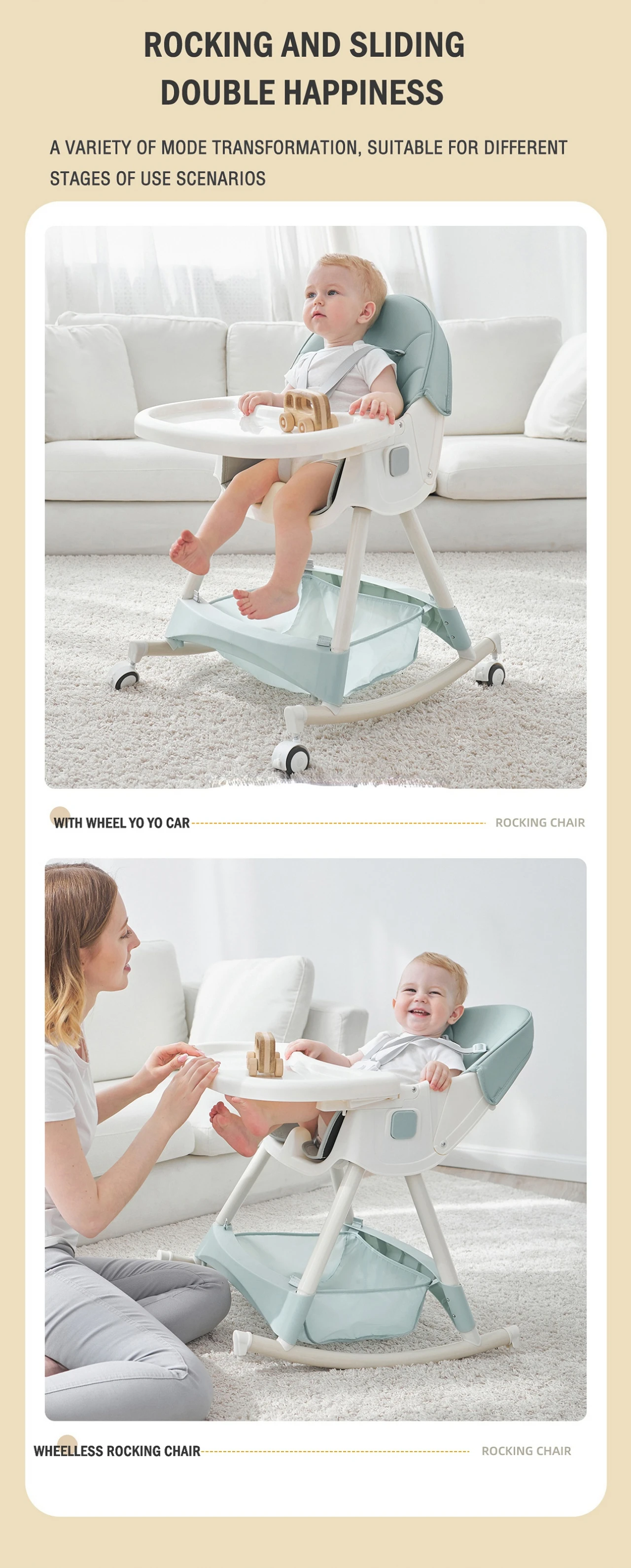 3 In 1 Folding Baby Highchair Kids Chair Dinning High Feeding Seat Adjustable Baby Infant High Chair Rocking