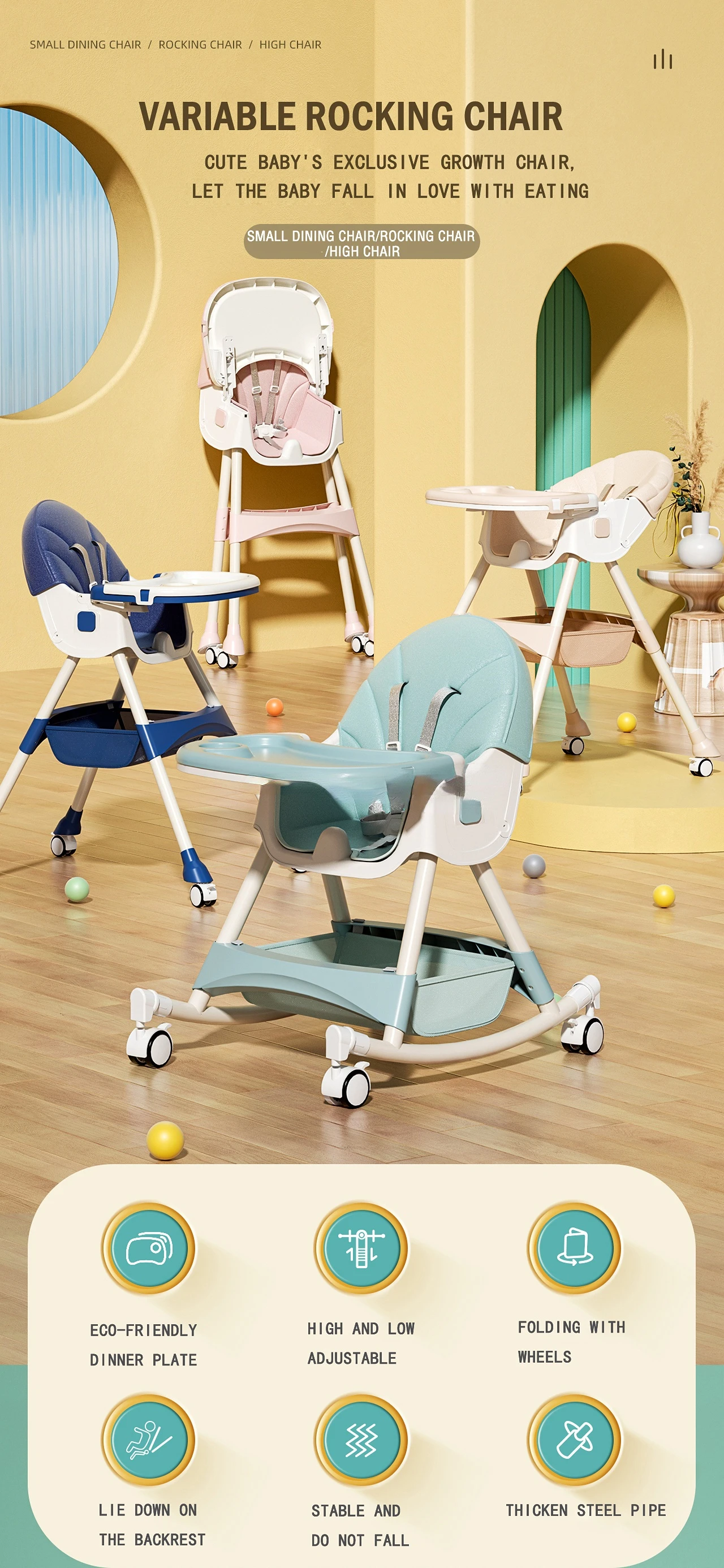3 In 1 Folding Baby Highchair Kids Chair Dinning High Feeding Seat Adjustable Baby Infant High Chair Rocking