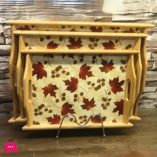 3Pcs Set Of Thailand Made Wooden Bamboo Serving Tray With Handles &Amp; Printed Design
