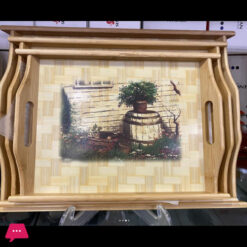 Wooden Bamboo Serving Tray With Handles &Amp; Printed Design 3Pcs Set