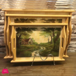 Wooden Bamboo Serving Tray With Handles &Amp; Printed Design 3Pcs Set