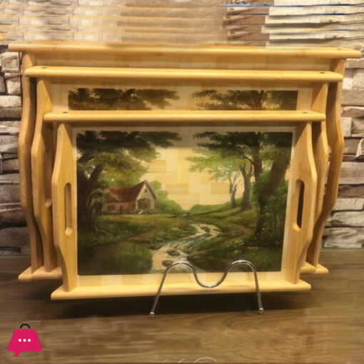 3Pcs Set Of Thailand Made Wooden Bamboo Serving Tray With Handles &Amp; Printed Design