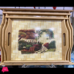 Wooden Bamboo Serving Tray With Handles &Amp; Printed Design 3Pcs Set