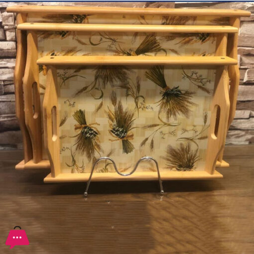 3Pcs Set Of Thailand Made Wooden Bamboo Serving Tray With Handles &Amp; Printed Design