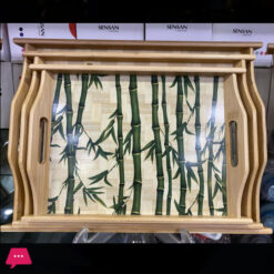 Wooden Bamboo Serving Tray With Handles &Amp; Printed Design 3Pcs Set