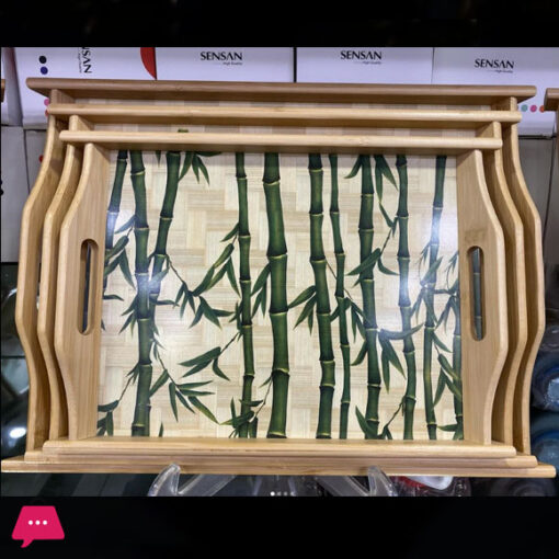 3Pcs Set Of Thailand Made Wooden Bamboo Serving Tray With Handles &Amp; Printed Design