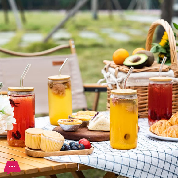 Ice Tea / Cold Coffee Clear Glass Tumbler With Bamboo Lid 470Ml ( Golden , Charcoal, Transparent )