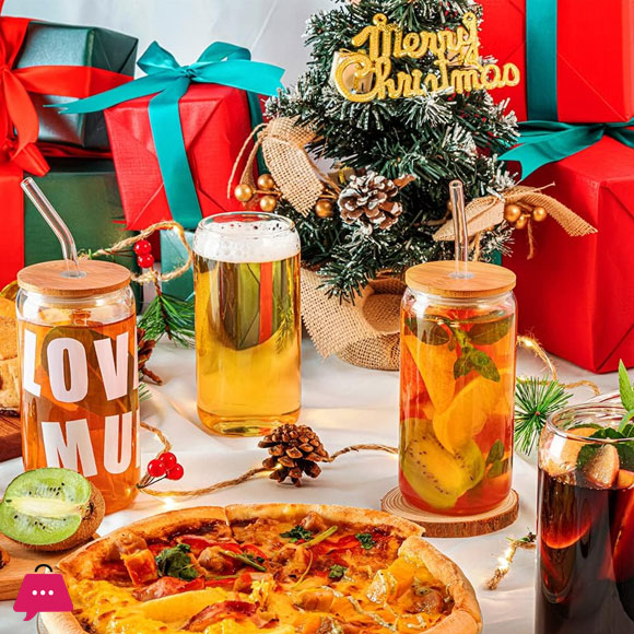 Ice Tea / Cold Coffee Clear Glass Tumbler With Bamboo Lid 470Ml ( Golden , Charcoal, Transparent )