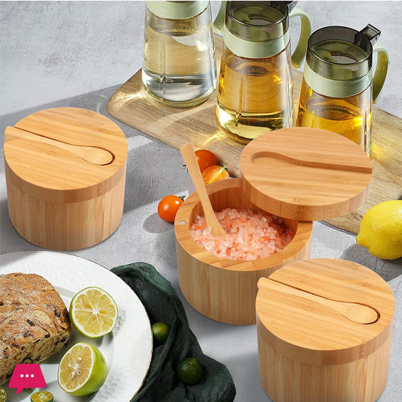 Mini Bamboo Spoon With Round Bamboo Salt/Pepper Cellar Box