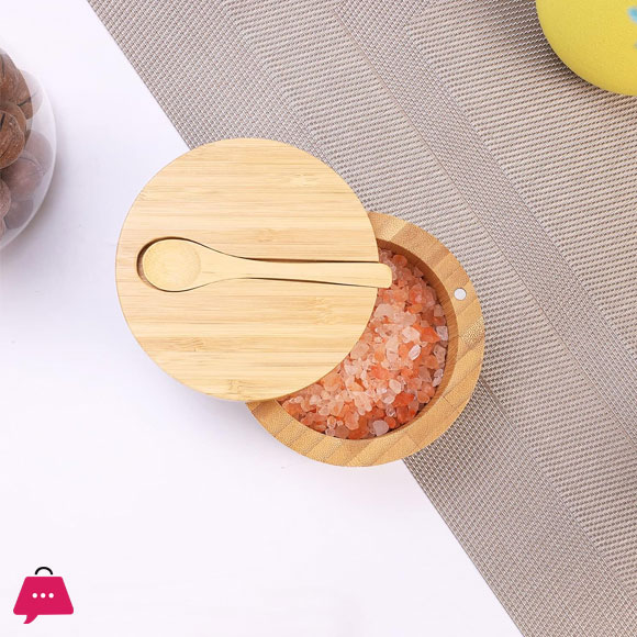 Mini Bamboo Spoon With Round Bamboo Salt/Pepper Cellar Box
