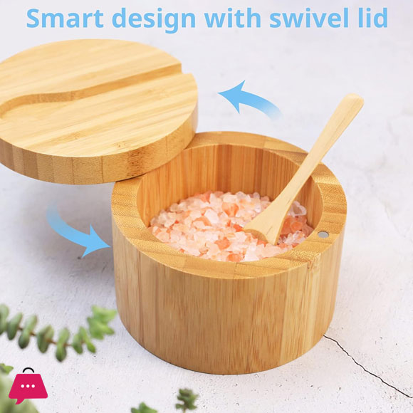 Mini Bamboo Spoon With Round Bamboo Salt/Pepper Cellar Box
