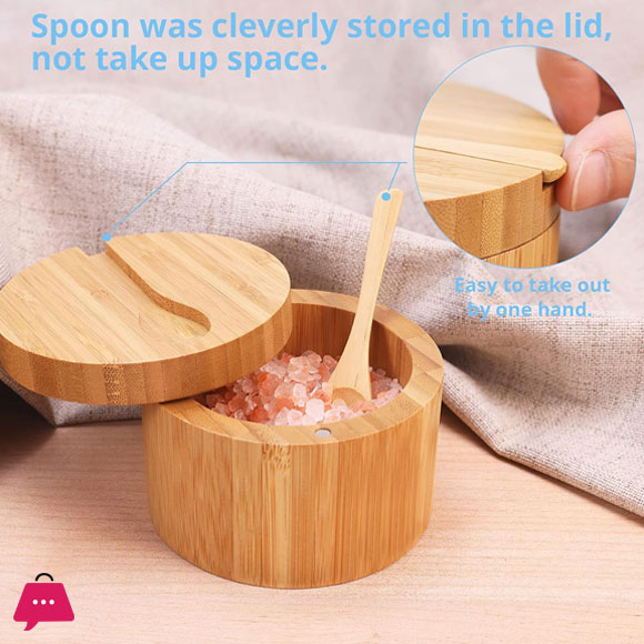 Mini Bamboo Spoon With Round Bamboo Salt/Pepper Cellar Box