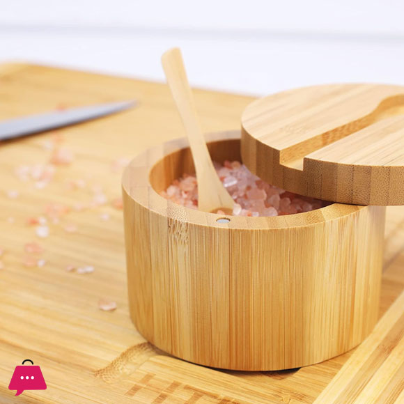 Mini Bamboo Spoon With Round Bamboo Salt/Pepper Cellar Box