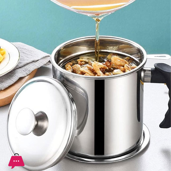 Stainless Steel Grease Container Oil Strainer Pot With Removable Filter Lid 1.4L
