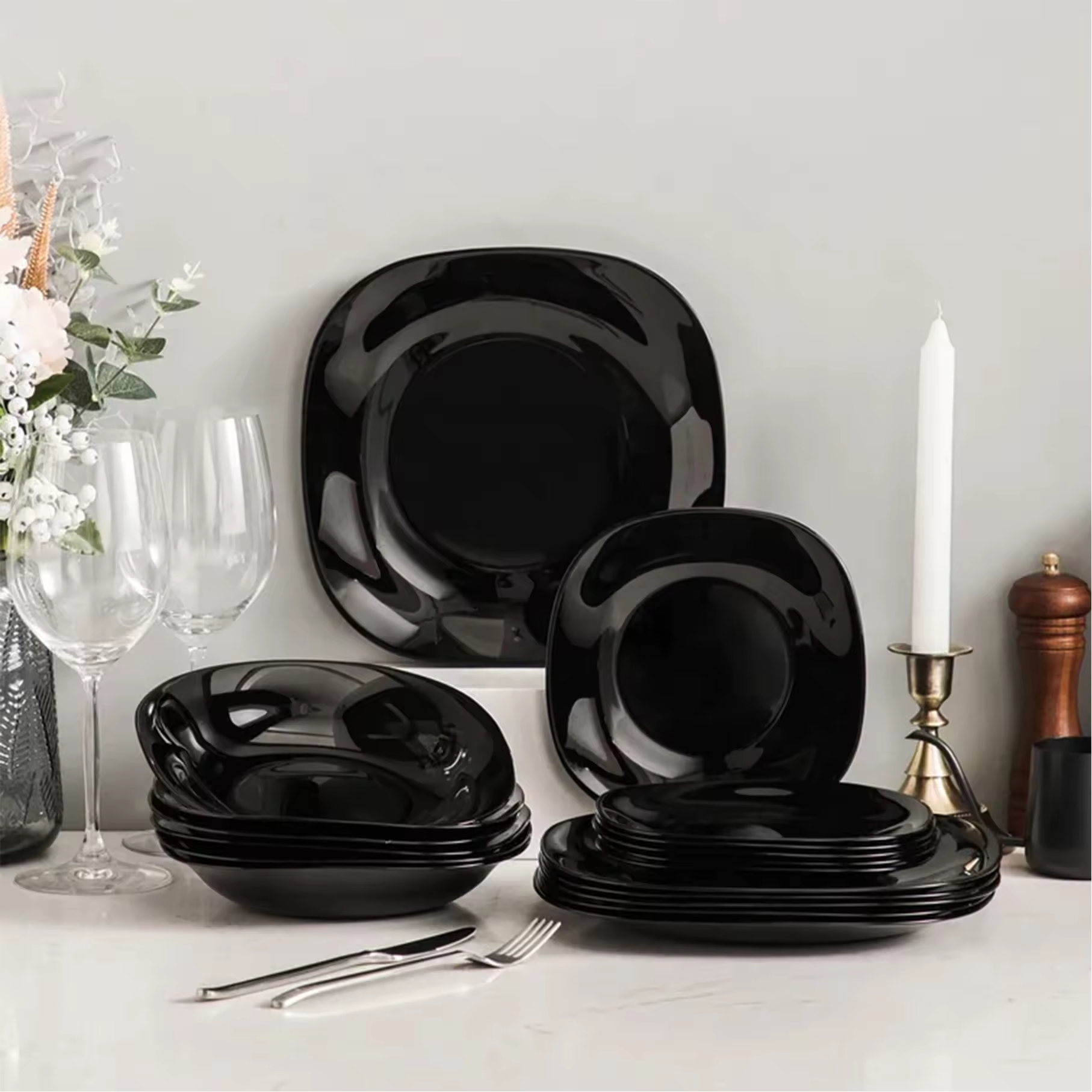 Opal Black Glass Marble Dinner Plate 25Cm 6-Pcs 13 Opal Black Glass Marble Dinner Plate 25Cm 6-Pcs