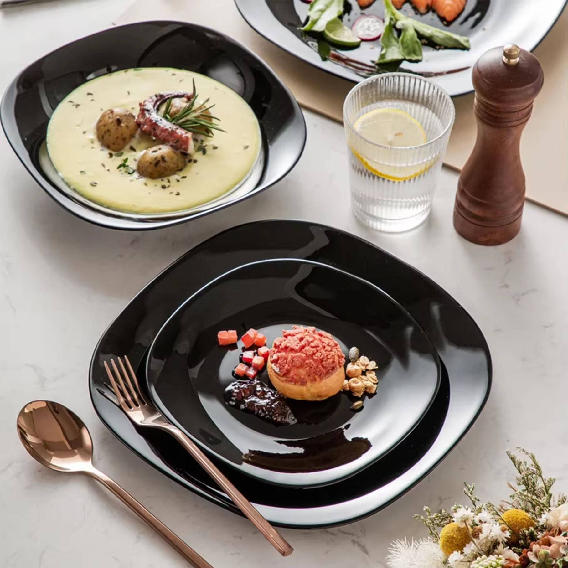 Opal Black Glass Marble Dinner Plate 25Cm 6-Pcs 14 Opal Black Glass Marble Dinner Plate 25Cm 6-Pcs