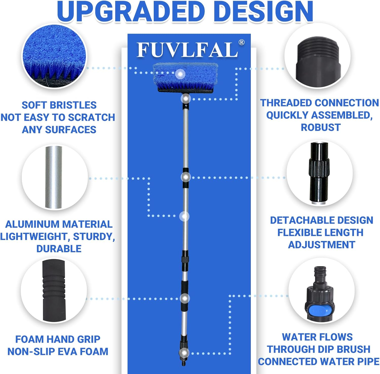 Solar Panel Cleaning Pole With Soft Brush Water Through And Instant On/Off Switch Valve - 4 Feet