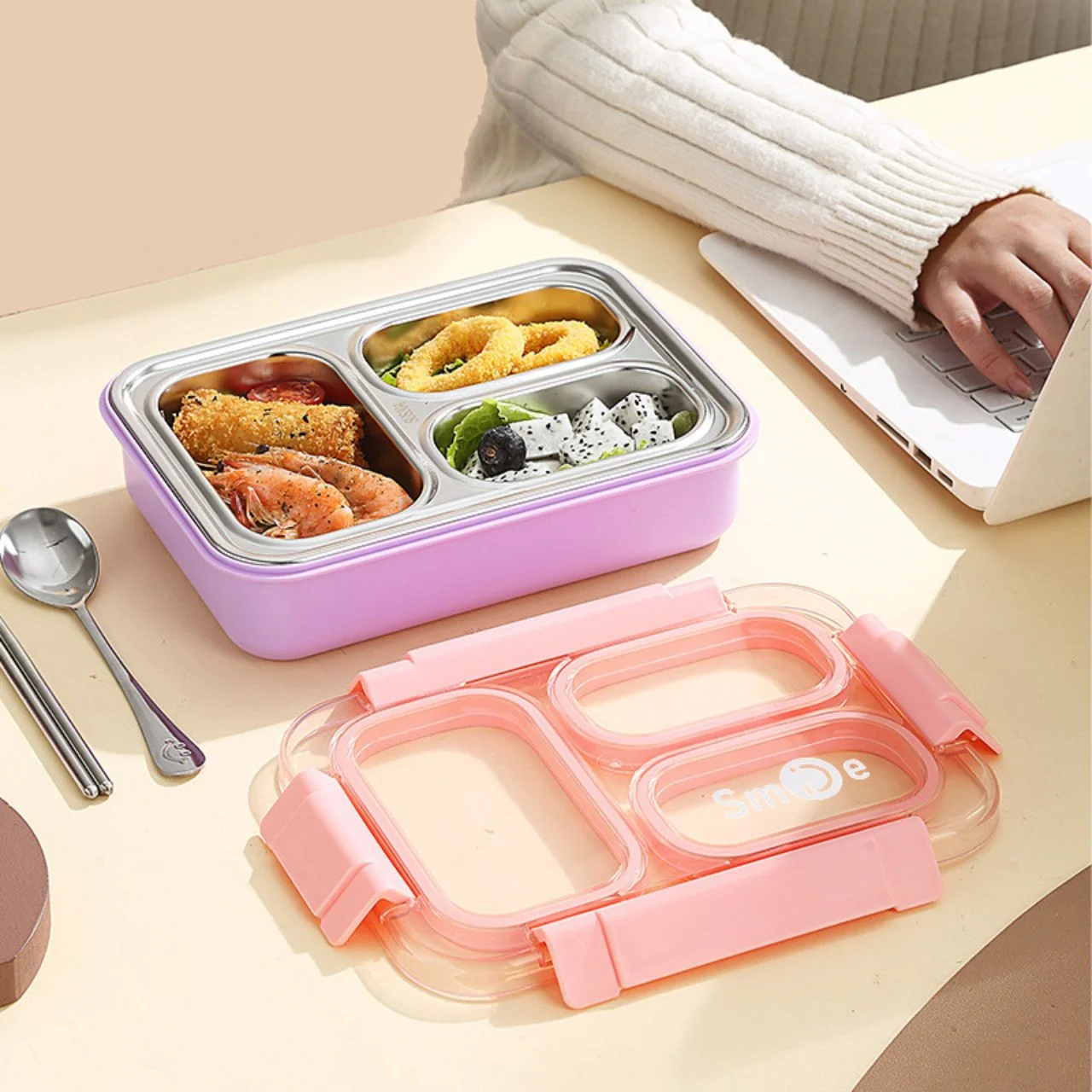 Stainless Steel 3 Compartment Lunch Box With Spoon &Amp; Fork  Secure Lock &Amp; Leak-Proof