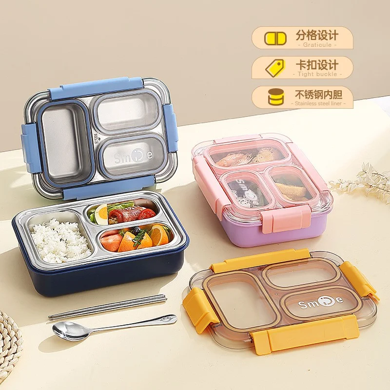 Stainless Steel 3 Compartment Lunch Box With Spoon &Amp; Fork  Secure Lock &Amp; Leak-Proof
