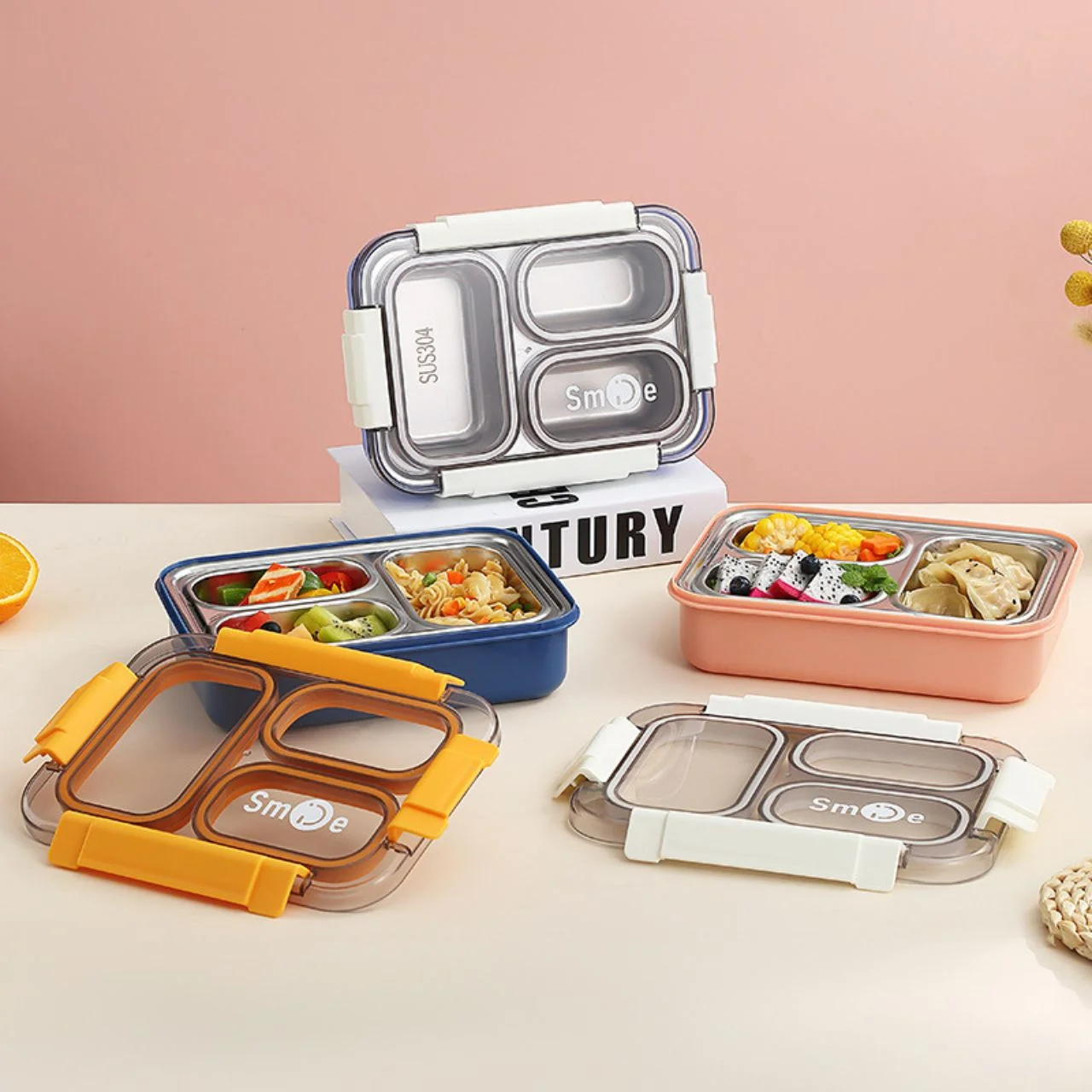 Stainless Steel 3 Compartment Lunch Box With Spoon &Amp; Fork  Secure Lock &Amp; Leak-Proof