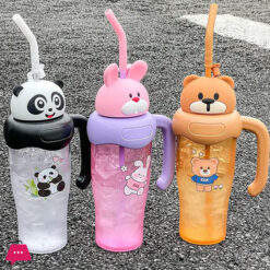 Travel Cartoon Rabbit Plastic Ice Coffee Tumbler Mug Bottle With Handle