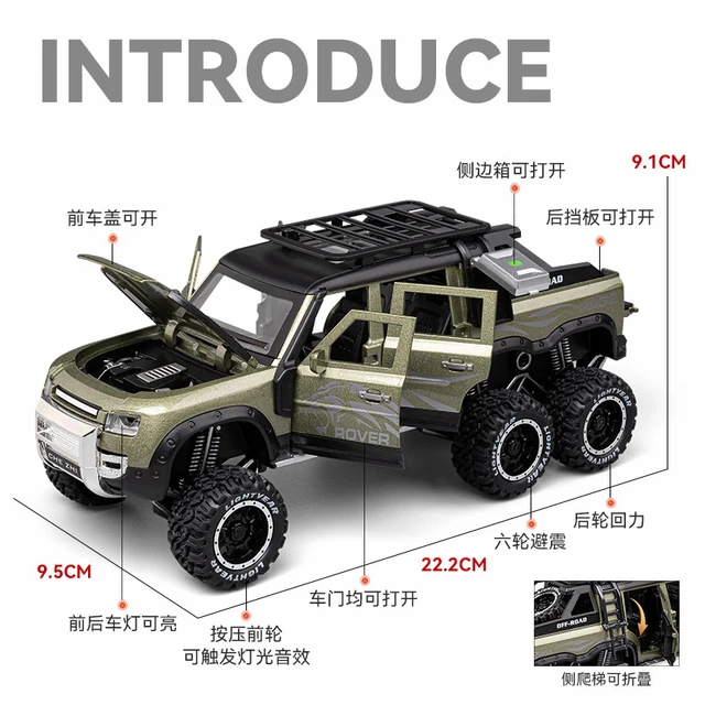 1/24 Land Rover Defender Car Model Pickup Truck 6X6 Toy Metal Body Rubber Tire Sound Light Pull Back